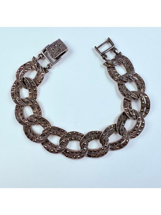 Jewelry - Vintage Large Marcasite 16mm Flat Curb Chain Link Sterling Silver 925 Bracelet
